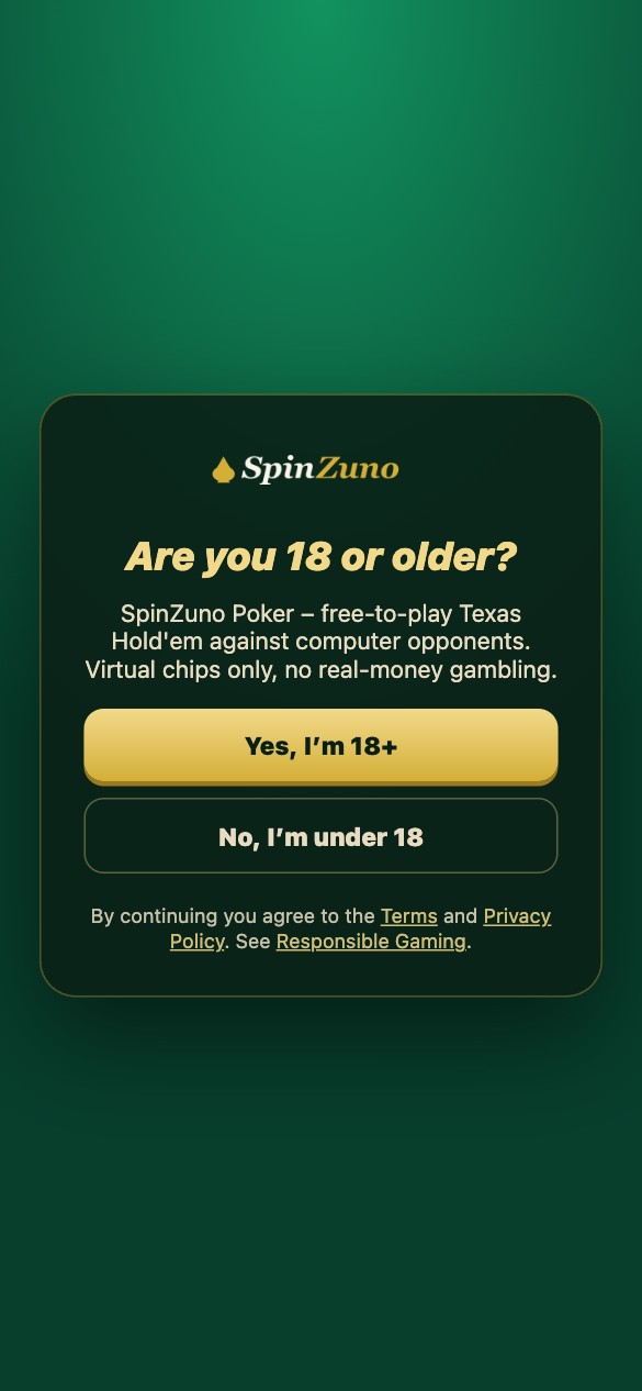 Screenshot of the SpinZuno age check: &ldquo;Are you 18 or older?&rdquo; with notices that it is a social casino game with no real-money gambling and virtual chips only
