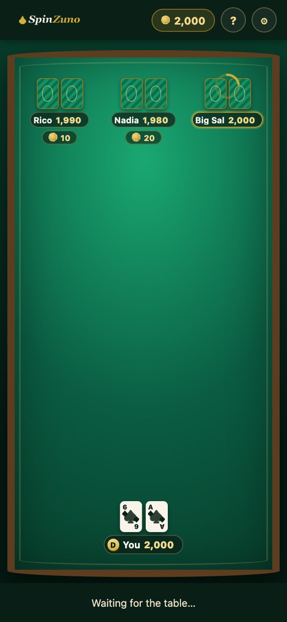 Screenshot of the SpinZuno Poker table with four seats, community cards, a pot and action buttons, and a footer saying free-to-play, virtual chips have no cash value