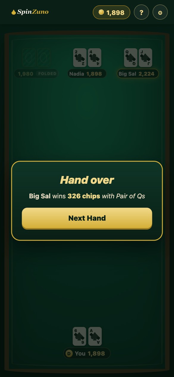 Screenshot of a winning hand in SpinZuno Poker with the pot being won